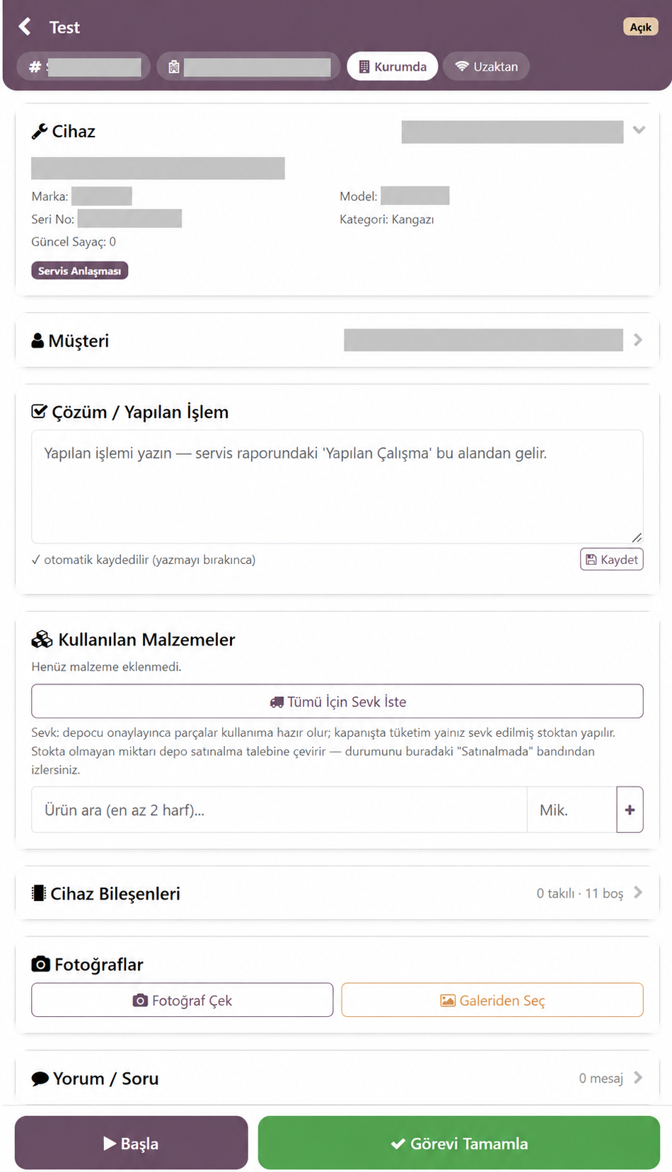 Teknisyen portalının görev ekranı; cihaz, çözüm, malzeme ve fotoğraf bölümleri. Müşteri ve ürün bilgileri gizlenmiştir.